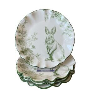 4pc Potters Studio Green Toile Bunny Rabbit Salad Plates 9.5" Scalloped Easter